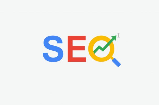 SEO (search engine optimization) minimal flat logo with magnifying glass, arrow and cursor symbol. multi color design.